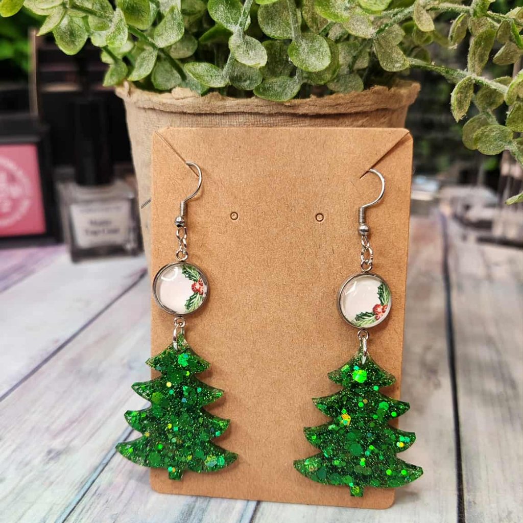 Glitter Christmas Tree Earrings | Resin Dangle Earrings With Color Street Caboch